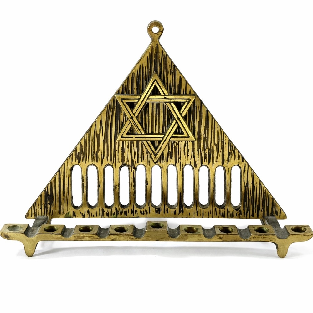 Vintage Brass Hanukkah Menorah Israel Star of David Triangle Judaica 8.5”